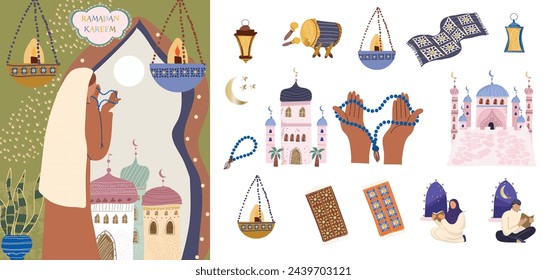 Tarjeta de felicitación de Ramadán Mubarak en estilo dibujado a mano, juego de personajes, luna, cúpula de la mezquita y linternas, alfombra, tambor, manos con cuentas de rosario. Ilustración vectorial.

