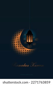 Ramadan Mubarak greeting card with moon and lantern