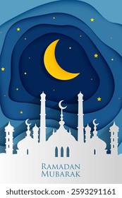 Ramadan Mubarak Greeting Card with Mosque and Crescent Moon in Paper Cut Style