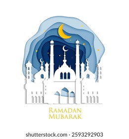 Ramadan Mubarak Greeting Card with Mosque and Crescent Moon in Paper Cut Style. Greeting card perfect for Ramadan and Eid celebrations, invitations, banners. Translation: "generous Ramadan."