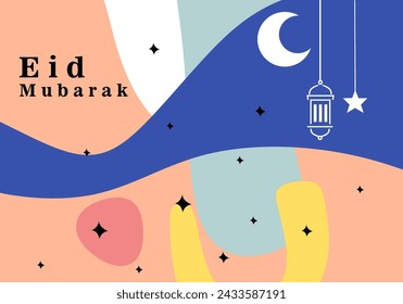 Ramadan Mubarak greeting card with pop art design. stars, moon, and lanterns