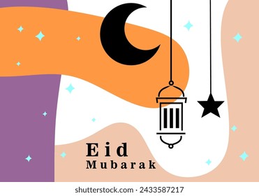 Ramadan Mubarak greeting card with pop art design. stars, moon, and lanterns