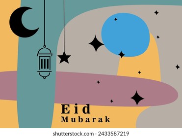 Ramadan Mubarak greeting card with pop art design. stars, moon, and lanterns