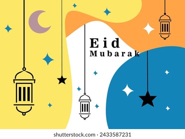 Ramadan Mubarak greeting card with pop art design. stars, moon, and lanterns