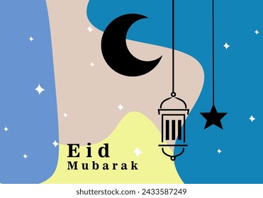 Ramadan Mubarak greeting card with pop art design. stars, moon, and lanterns