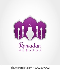 Ramadan Mubarak Greeting Card, Poster And Banner. Modern And Beautiful Islamic Decoration With Paper Cut Style. Mosque Shape With Purple And White Colors