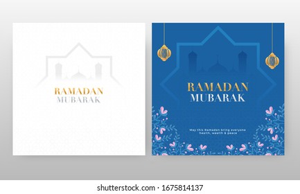 Ramadan Mubarak Greeting Card with Silhouette Mosque, Hanging Golden Lanterns and Floral in Blue and White Arabic Pattern Background.