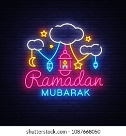 Ramadan Mubarak Greeting Card Vector. Ramadan Mubarak neon sign, neon banner. Month of fasting for Muslims, Muslim holiday of holy month Ramadan Karim. Islamic design vector