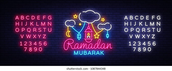 Ramadan Mubarak Greeting Card Vector. Ramadan Mubarak neon sign, neon banner. Month of fasting for Muslims, Muslim holiday of holy month Ramadan Karim. Islamic design vector. Editing text neon sign