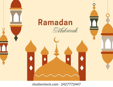Diseño de vector de tarjeta de felicitación de Ramadán Mubarak. Fondo de estilo moderno con cúpula de mezquita y linternas colgantes. Ilustración de vector plano de color