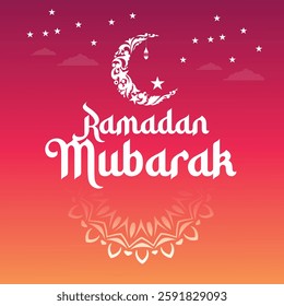 Ramadan Mubarak greeting card vector design islamic beautiful background with moon and white text