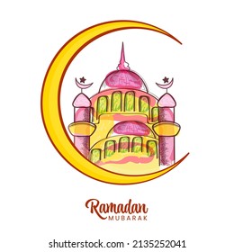 Ramadan Mubarak Greeting Card With Yellow Crescent Moon And Mosque On White Background.