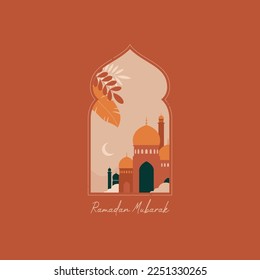 Ramadan Mubarak greeting cards with retro boho design, moon, mosque dome and lantern