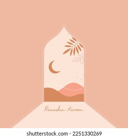 Ramadan Mubarak greeting cards with retro boho design, moon, mosque dome and lantern