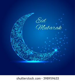 Ramadan mubarak greeting card.Shiny decorated crescent moon with stylish text Eid Mubarak on blue background,can be used as flyer,banner or poster design for Muslim community festival and holiday