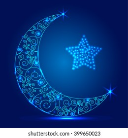  Ramadan mubarak greeting card.Shiny decorated crescent moon with stylish text Eid Mubarak on blue background,can be used as flyer, banner or poster design for Muslim community festival and holiday