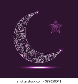  Ramadan mubarak greeting card.Shiny decorated crescent moon with stylish text Eid Mubarak on violet background,can be used as flyer, banner or poster design for Muslim community festival and holiday