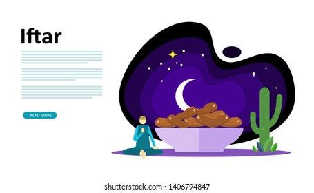 Ramadan mubarak greeting concept with people character for banner, presentation, web landing page template, poster, social, and print media. islamic eid fitr or adha flat design vector illustration