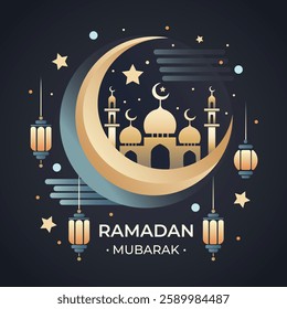 Ramadan Mubarak greeting with a crescent moon, mosque, lanterns, and stars, symbolizing spirituality and celebration.