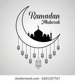 Ramadan Mubarak Greeting with Crescent Moon and Mosque Silhouette
