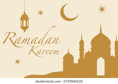 Diseño de saludo de Ramadán Mubarak con silueta de mezquita, luna creciente y linterna, que simboliza el mes sagrado islámico y la celebración espiritual