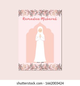 Ramadan Mubarak Greeting with Muslima Cartoon Character, Moslem Sister in Pink and Peach