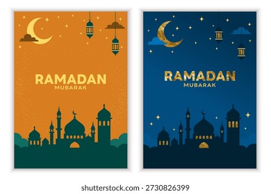 Ramadan mubarak greeting poster set with mosque silhouettes, crescent moon and lanterns, elegant islamic night city illustration in blue and gold colors. Vector illustration.