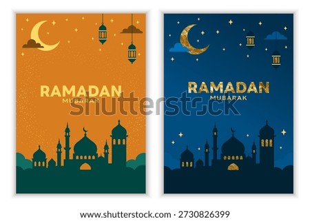 Ramadan mubarak greeting poster set with mosque silhouettes, crescent moon and lanterns, elegant islamic night city illustration in blue and gold colors. Vector illustration.