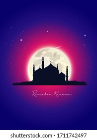 Ramadan Mubarak greeting vector background with beautiful full moon and mosque with night scene for banner, Flyer, social media, print, poster, web.