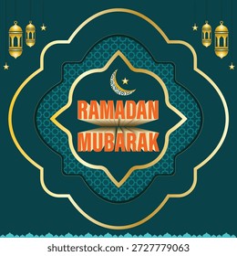 Ramadan Mubarak greeting vector design featuring elegant Islamic elements such as crescent moon, mosque silhouette, lanterns, stars, and decorative Arabic patterns. Suitable for Ramadan Kareem celebrations, social media posts, banners, posters, flyers, greeting cards, invitations, web designs, and print projects. Clean, modern, and editable vector illustration perfect for religious and festive use.