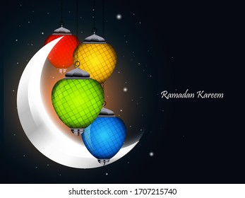 Ramadan Mubarak saludo vector elegante antecedentes con luna, estrellas, farol para banner, Volante, medios sociales, impresión, afiche, web.