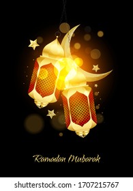 Ramadan Mubarak Vektorillustration Eleganter Hintergrund mit Mond, Sternen, Laterne für Banner, Flyer, Social Media, Print, Poster, Web.