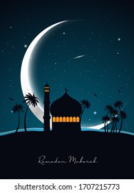 Ramadan Mubarak Greeting Vector Elegant Background with Moon, Stars, lantern for banner, Flyer, social media, print, poster, web.