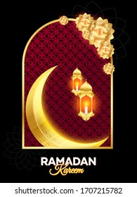Ramadan Mubarak Greeting Vector Elegant Background with Moon, Stars, lantern for banner, Flyer, social media, print, poster, web.