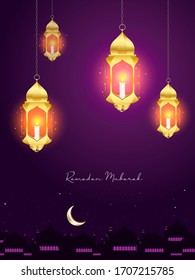 Ramadan Mubarak Greeting Vector Elegant Background with Moon, Stars, lantern for banner, Flyer, social media, print, poster, web.