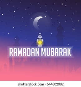 Ramadan Mubarak Greeting vector with Mosque on night view and Ramadan Light