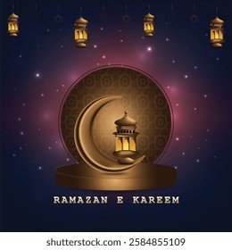 Ramadan mubarak greetings with beautiful lantern and crescent