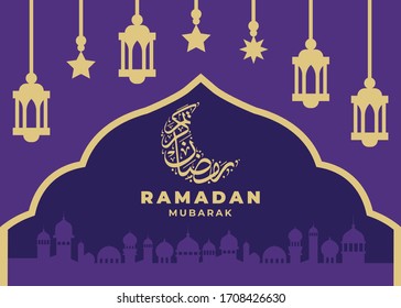 Ramadan Mubarak Greetings Card. Calligraphic Typography Design with town in a background. Vector EPS