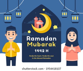Ramadan mubarak greetings and cute children vector illustration.