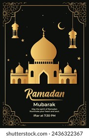 Ramadan Mubarak greetings with golden mosque or iftar party flyer, Happy Ramadan Mubarak