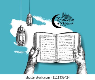 Ramadan Mubarak hand drawing sketch of hand open holy quran and lantern blue background. Vector illustration for ramadan poster, flyer, greeting card, banner and template