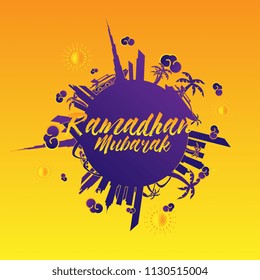 ramadan mubarak has mean muslim event, beautiful greeting card and hand drawn text background or banner with city and travel theme. vector