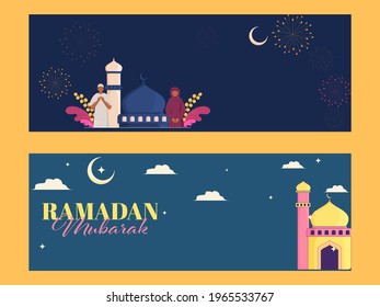 Ramadan Mubarak Encabezado O Diseño De Cartel Con Ilustración De Mezquita, Hombre Y Mujer Musulmana Ofreciendo Namaz (Oración) En Fondo Azul.