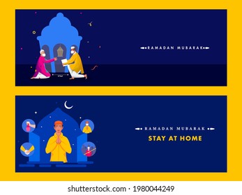 Cabeçalho Ou Banner De Design Ramadã Mubarak Com Muçulmanos Usam Máscaras faciais Sobre Fundo Azul.