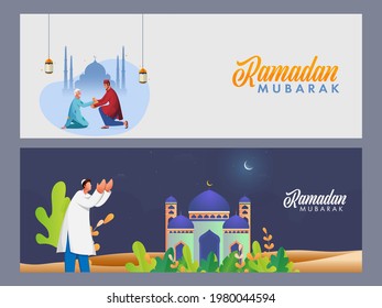 Ramadan Mubarak Kopfhörer oder Banner Design mit Moschee und muslimischen Männern Charakter auf weißem und blauem Hintergrund.