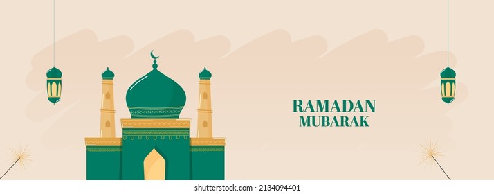 Ramadan Mubarak Cabecera O Diseño De Pancarta Con Ilustración De Mezquita Y Farolitos Árabes Cuelgan En Fondo Beige.