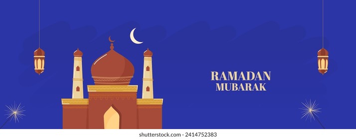 Ramadan Mubarak Header Or Banner Design with Mosque and Arabic Lanterns Hang on Blue Background.