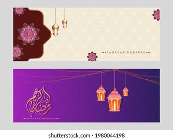 Ramadan Mubarak Header Or Banner Set With Lit Lanterns Hang On Islamic Pattern Background.