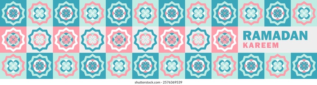 Ramadan Mubarak header with floral arabesque in teal, pink, white arranged in a tiled pattern. Modern trendy pastel colored geometric panoramic banner with bold text. Symmetrical Islamic-inspired art