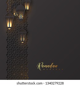 Ramadan Mubarak holiday background. 3d paper cut hanging lanterns with pattern in traditional islamic style. Design for greeting card, banner or poster. Vector illustration.